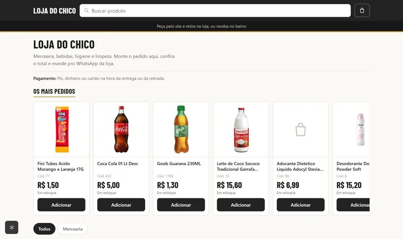 Vitrine da Loja do Chico com os produtos mais pedidos